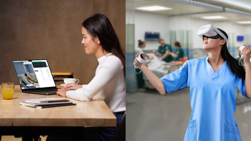 Left side nurse using InvolveXR on laptop, right side nurse using InvolveXR in VR