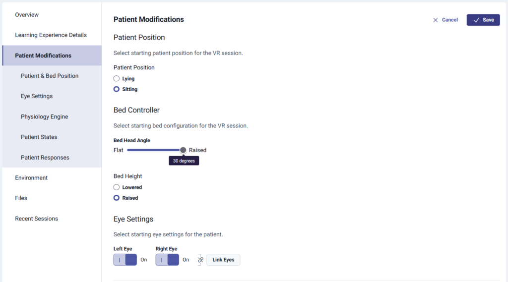 Screenshot of Lumeto’s patient modification panel showing options to set patient position, bed angle, bed height, and eye settings for VR training.