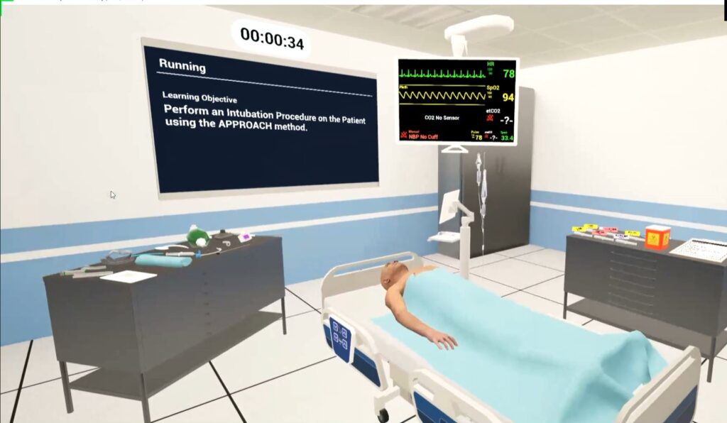 A virtual reality simulation showing a hospital room with a patient on a bed, used for training clinicians in performing intubation procedures. The scenario includes medical equipment and monitors, all created within Lumeto’s InvolveXR platform.