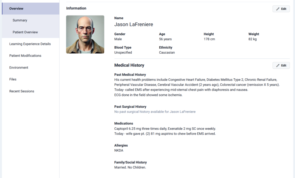 Virtual patient profile in Lumeto showing editable details such as age, medical history, medications, and vital signs for a cardiac arrest simulation.