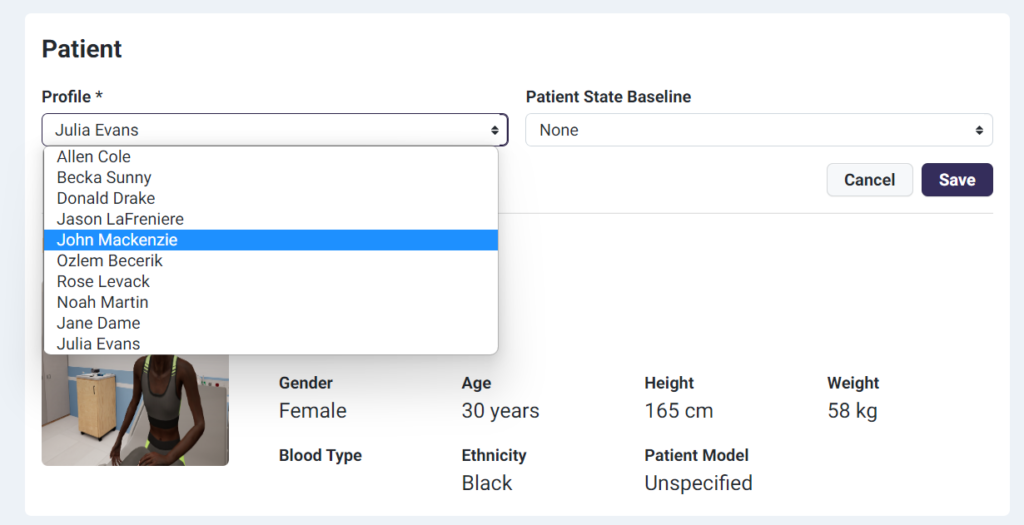 Lumeto interface showing patient profile selection with demographic details and language customization options for training scenarios.