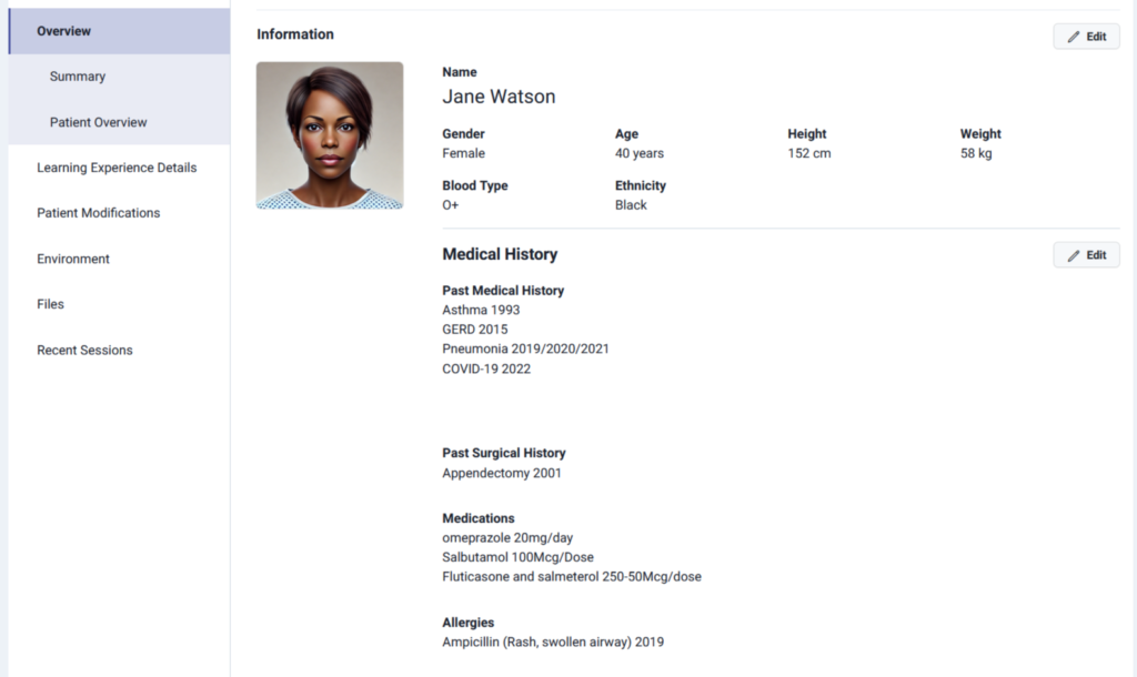Lumeto patient overview for Jane Watson showing demographics, medical history, current medications, and an ampicillin allergy with edit controls.