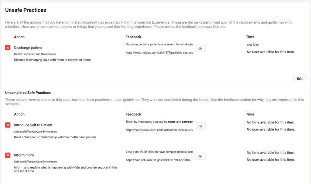 Lumeto simulation dashboard showing unsafe practices flagged with feedback and evidence-based resources.