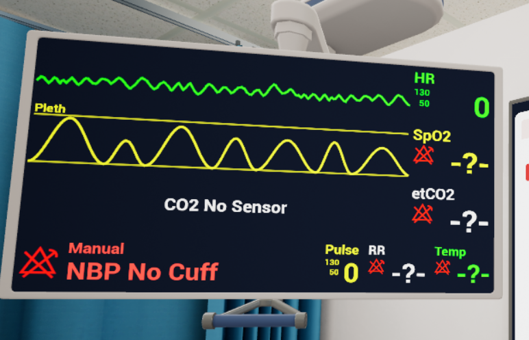 A patient monitor simulation showing heart rate (HR), oxygen saturation (SpO2), plethysmography waves, and other vital signs used in ACLS training for hands-on practice in rhythm analysis and emergency interventions.