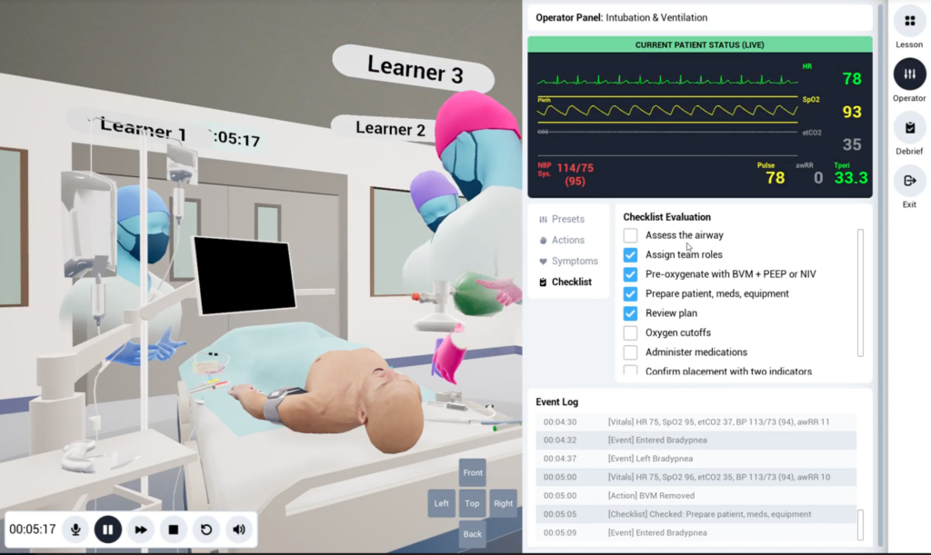 Screenshot from Lumeto’s InvolveXR platform showing a simulated medical procedure with a checklist evaluation, real-time monitoring of patient vitals, and event logs,