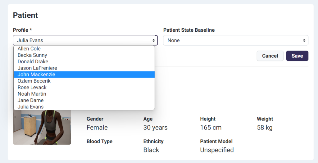 Screenshot of Lumeto's dashboard displaying patient customization options, including fields for profile, gender, age, height, weight, blood type, and patient state baseline. Dropdown menus and editable fields are visible for creating personalized training scenarios.