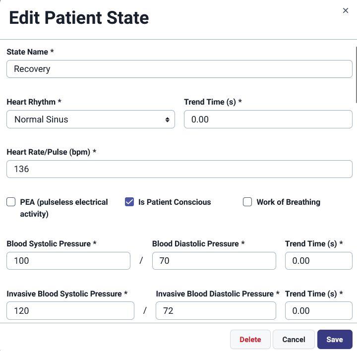 Screenshot of Lumeto’s “Edit Patient State” panel showing options to adjust heart rhythm, blood pressure, heart rate, and patient consciousness for dynamic simulation control.