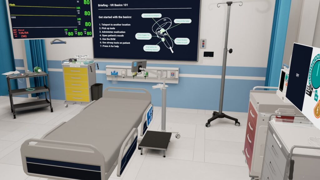 Virtual hospital room by Lumeto showing a patient bed, crash cart, medical monitors, IV stand, and wall-mounted equipment.