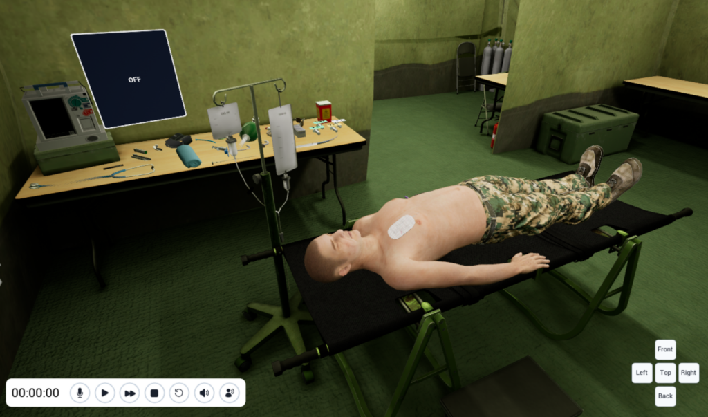 Screenshot of Lumeto's virtual medical training platform showing a simulated patient on a stretcher, surrounded by IV stands, medical monitoring equipment, and a table with various medical tools, all within a realistic virtual environment.