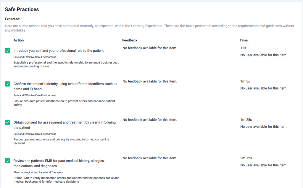 Feedback report showing correct actions like patient introduction, ID check, consent, and EMR review.
