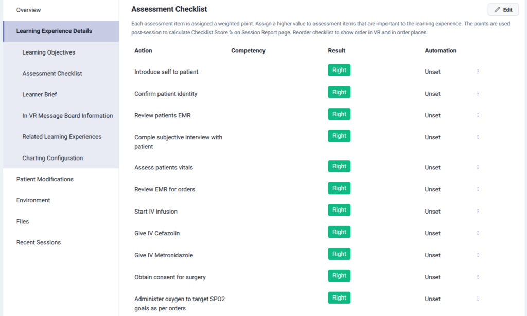 Lumeto’s sepsis simulation assessment checklist displaying required actions like confirming identity, reviewing EMR, and administering antibiotics with performance tracking.