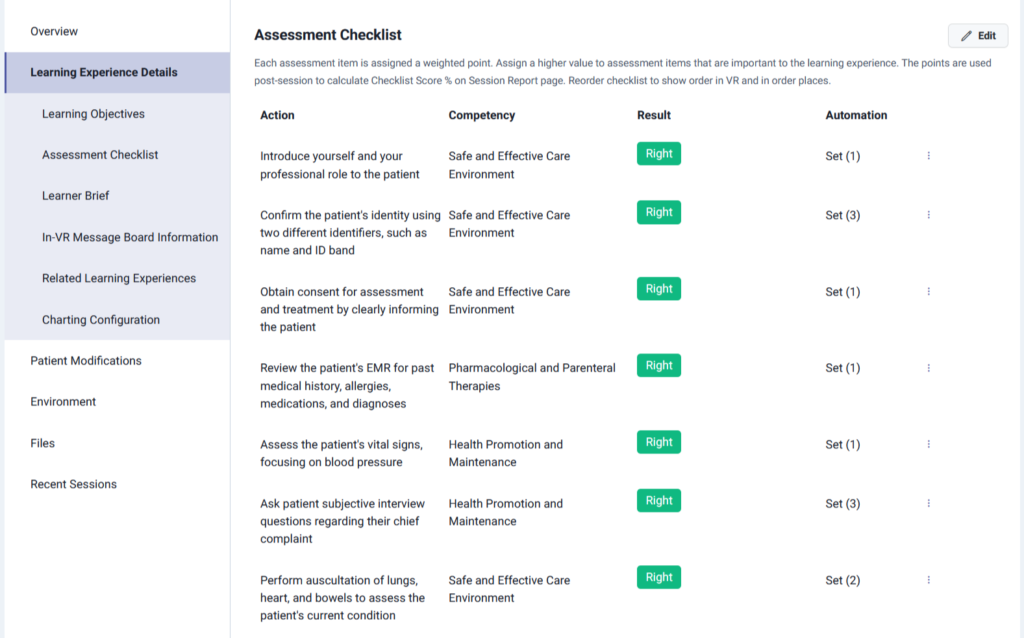Screenshot of Lumeto assessment dashboard showing checklist items like patient ID verification, consent, EMR review, and vital signs marked as correct.
