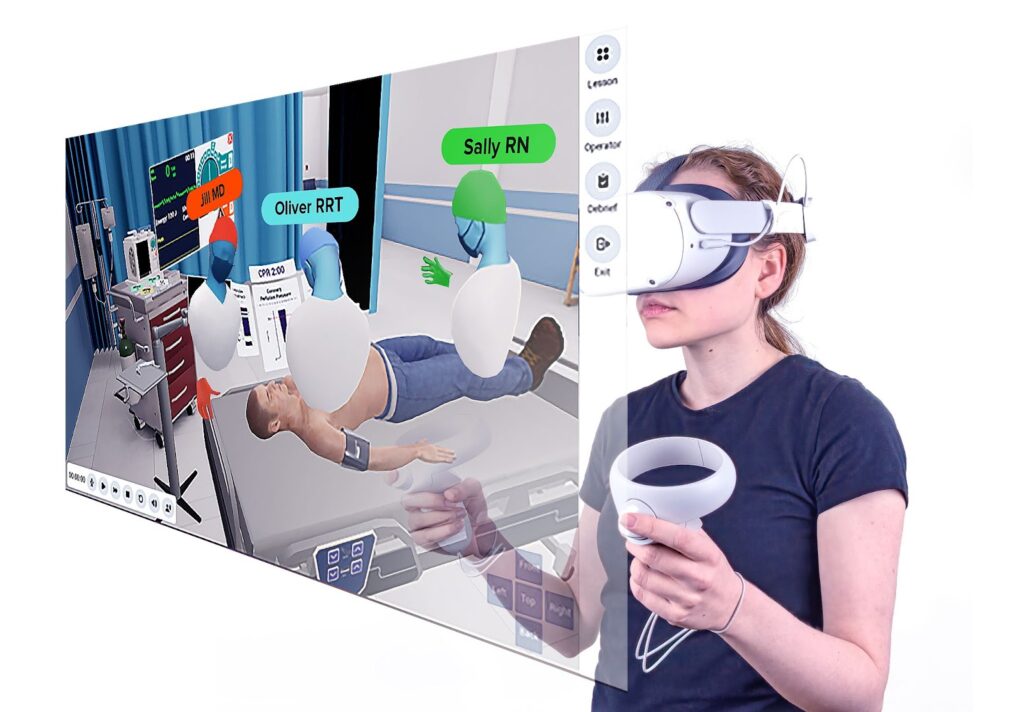 A user wearing a VR headset engages with a medical training simulation featuring a virtual patient and avatars of medical professionals, including roles like RN and RRT, in a hospital setting.