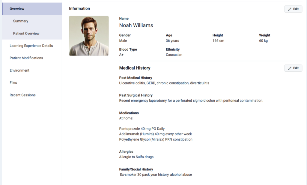 Lumeto sepsis simulation showing a virtual patient profile with demographics, medical history, medications, and allergies.