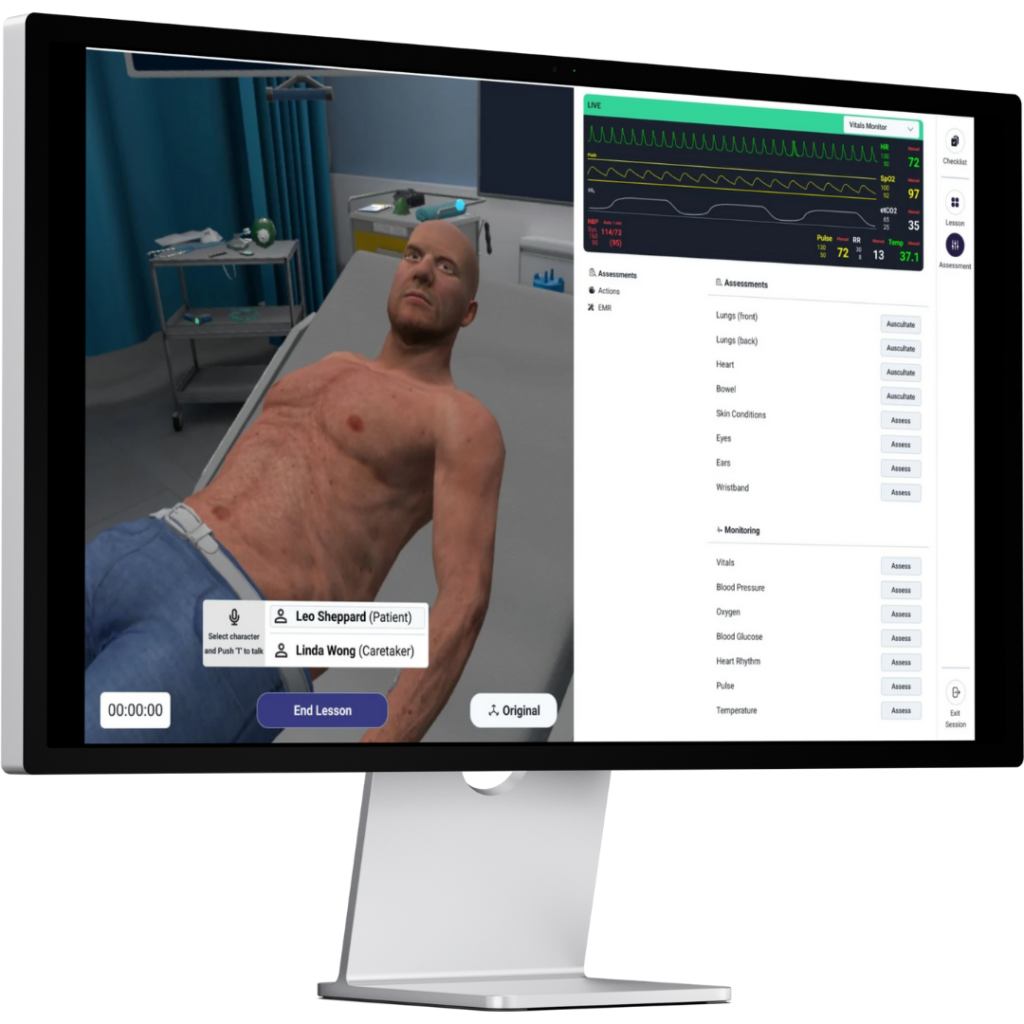 Screenshot of Lumeto’s InvolveXR’s On Screen simulation displayed on a laptop, showing virtual clinical training that supports blended learning workflows.