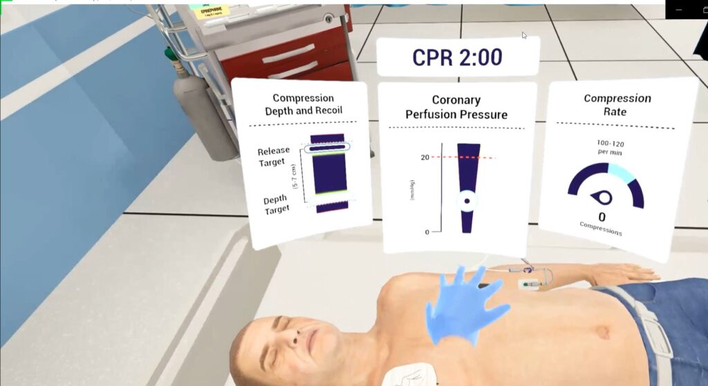 VR code blue simulation showing CPR feedback with metrics for compression depth, recoil, coronary perfusion pressure, and compression rate on a virtual patient.