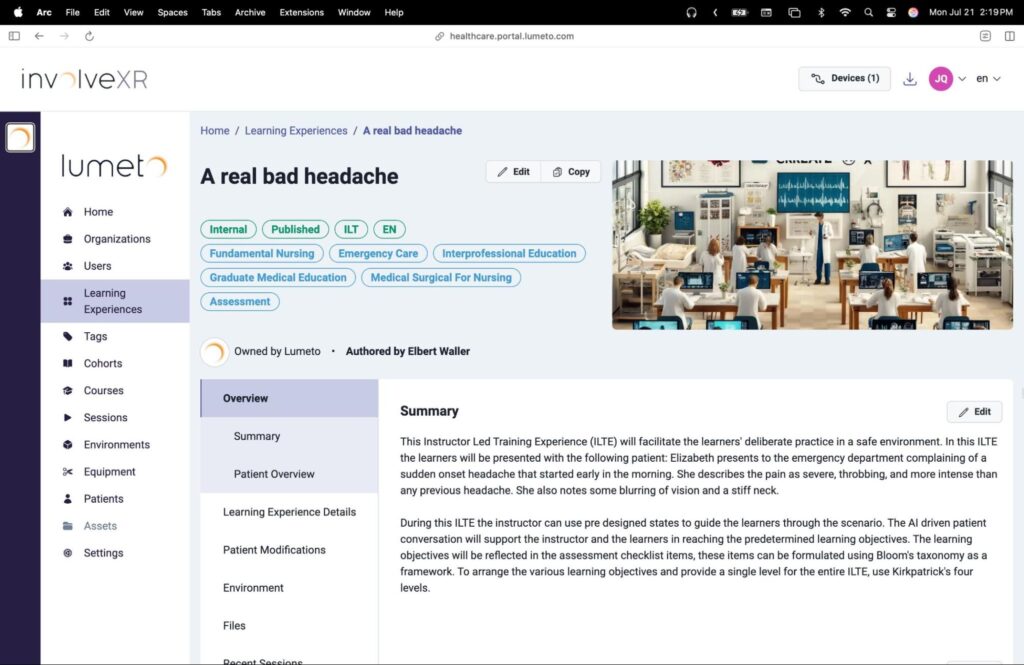 Screenshot of Lumeto’s VR learning experience titled “A real bad headache,” showing a virtual hospital training environment where healthcare learners interact with digital patient scenarios and clinical equipment.