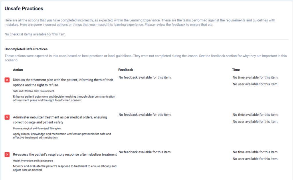 Feedback report highlighting missed actions like patient communication, nebulizer administration, and reassessment.