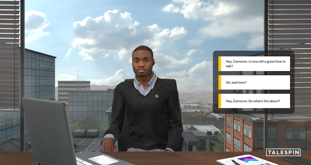 A virtual human avatar sits at a desk in a corporate office setting, with dialogue options displayed as part of the Talespin virtual reality platform.