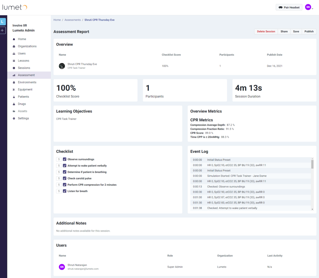 Screenshot of Lumeto’s VR assessment report showing detailed metrics for a CPR training session, including checklist scores, CPR metrics, session duration, and event logs.