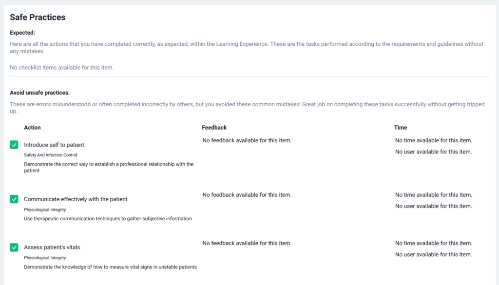 Screenshot of Lumeto’s “Safe Practices” panel showing correctly performed nursing tasks, including introducing self to the patient, communicating effectively, and assessing patient vitals during a simulation.