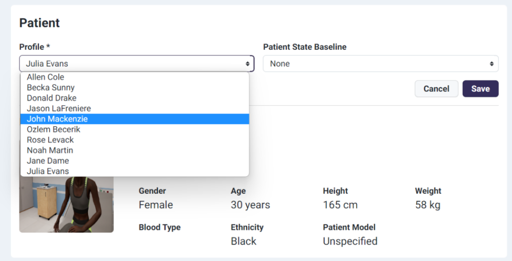 Screenshot of Lumeto’s platform showing a dropdown menu of patient profiles, each with unique demographics and medical conditions, used to create complex case simulations for training.