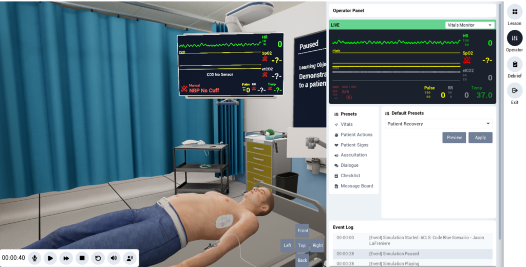 Screenshot of Lumeto’s trainer app showing a patient simulation with vital signs, patient actions, and event logs, used by educators to measure and evaluate learner performance in real time.